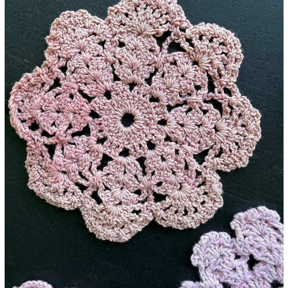 Pink Vintage Crochet Flower Doilies Coasters Set of 11 Handmade Cotton Lace
